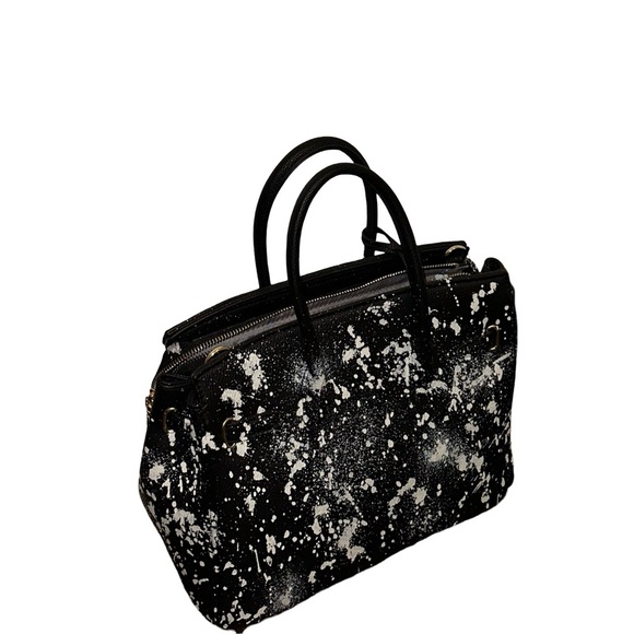 Black Splatter Vegan Leather Handbag w/ Rock N’ Roll Patches - Picture 6 of 11